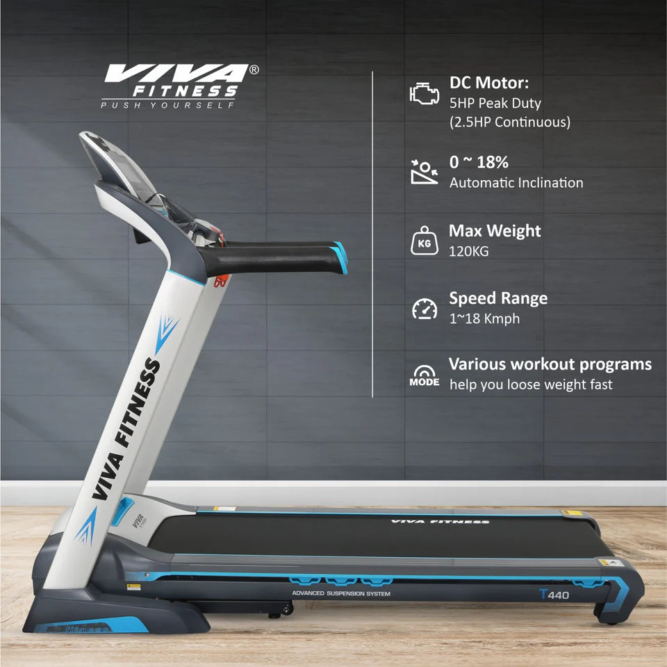 Viva Fitness T-440 Motorized Treadmill | 5 HP Peak DC Motor Folding Treadmill with Auto Incline, MP3, USB & LCD Display