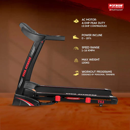 Viva Fitness T-52 AC Motorized Treadmill with Auto Incline, Bluetooth & Kinomap Connectivity | Home Gym Treadmill