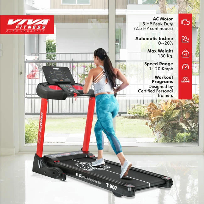 Viva Fitness T-907 AC Motorized Treadmill | 5 HP Folding Treadmill with 20% Auto Incline, Smart Knob, Bluetooth & Kinomap