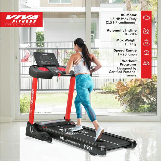 Viva Fitness T-907 AC Motorized Treadmill | 5 HP Folding Treadmill with 20% Auto Incline, Smart Knob, Bluetooth & Kinomap