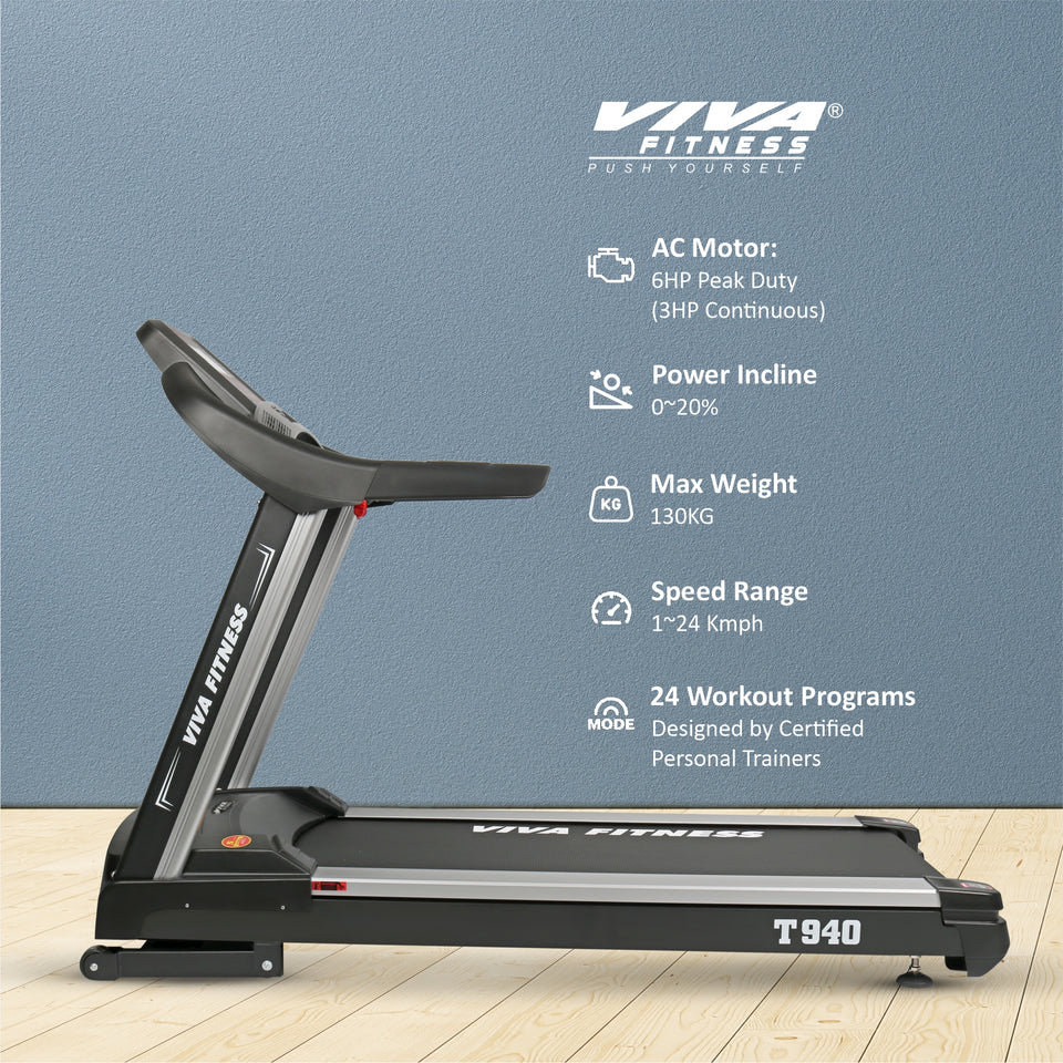 Viva Fitness T-940 AC Motorized Treadmill | 6 HP Commercial Treadmill with 20% Auto Incline, Bluetooth, Kinomap & 24 km/h Speed