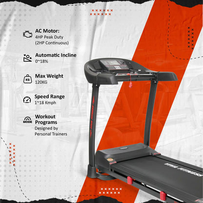 Viva Fitness T-752 AC Motorized Treadmill | 4 HP AC Motor Folding Treadmill with Auto Incline, MP3, LCD Display & Shock Absorption