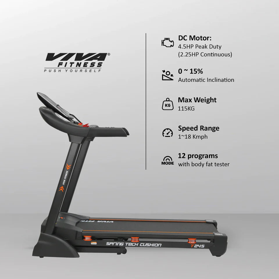 Viva Fitness T-245 DC Motorized Treadmill | 4.5 HP Folding Treadmill with Auto Incline, MP3 Speakers & Body Fat Analyzer