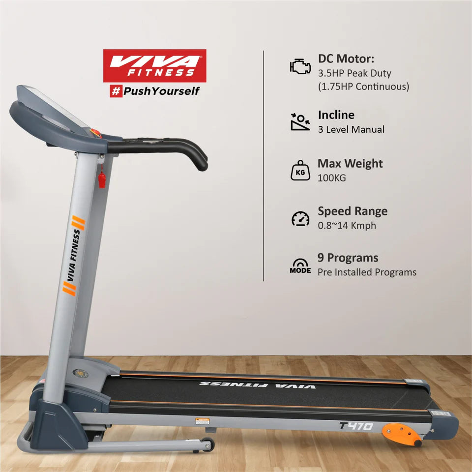 Viva Fitness T-470 DC Motorized Treadmill | 3.5 HP Folding Treadmill with Manual Incline, MP3 Speakers & LCD Display for Home Gym