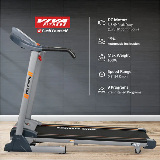 Viva Fitness T-471 DC Motorized Treadmill with Auto Incline, Bluetooth Connectivity & Foldable Design | Home Gym Treadmill