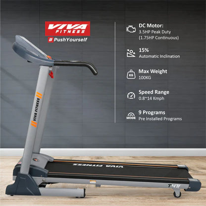 Viva Fitness T-471 DC Motorized Treadmill with Auto Incline, Bluetooth Connectivity & Foldable Design | Home Gym Treadmill