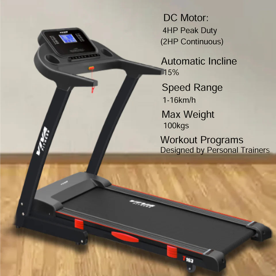 Viva Fitness T-163 DC Motorized Treadmill | 4 HP Folding Treadmill with 15% Auto Incline, Bluetooth & Kinomap for Home Gym
