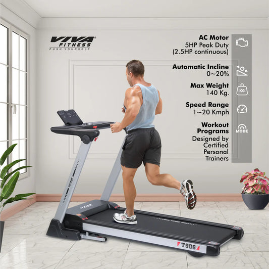 Viva Fitness T-906 AC Motorized Treadmill | 5 HP Folding Treadmill with 20% Auto Incline, MP3, USB & LED Display
