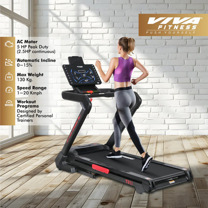 Viva Fitness T-911 AC Motorized Treadmill | 5 HP Folding Treadmill with 20 km/h Speed, Bluetooth, Kinomap & Wireless Charging