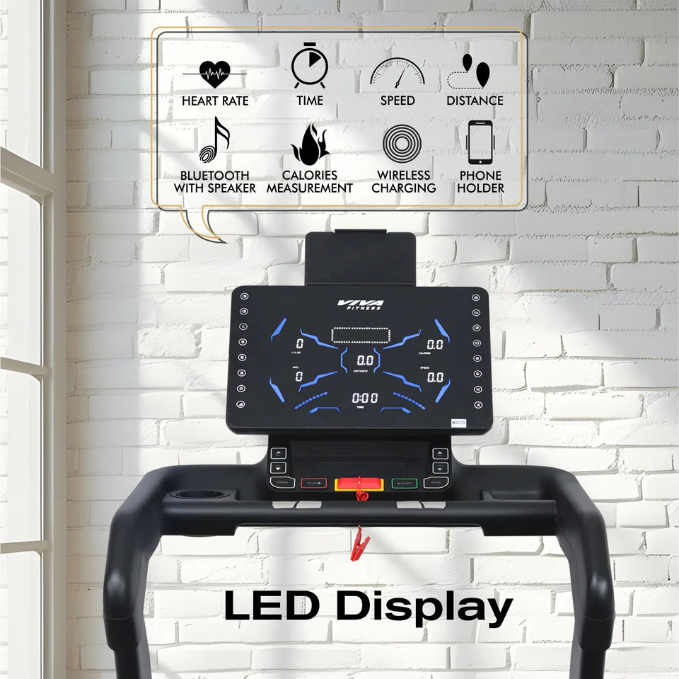 Viva Fitness T-911 AC Motorized Treadmill | 5 HP Folding Treadmill with 20 km/h Speed, Bluetooth, Kinomap & Wireless Charging