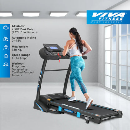 Viva Fitness T-62 AC Motorized Treadmill | 4.5 HP Folding Treadmill with Auto Incline, Bluetooth, USB, MP3 & Advanced Cushioning