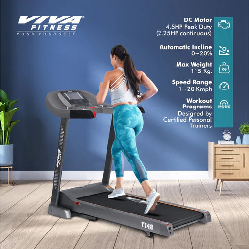 Viva Fitness T-148 DC Motorized Treadmill for Home Use | Auto Incline Running Machine