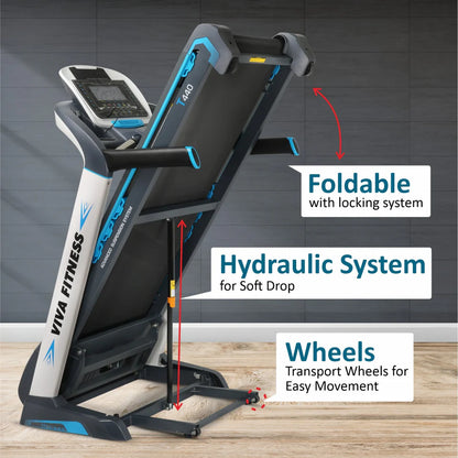 Viva Fitness T-440 Motorized Treadmill | 5 HP Peak DC Motor Folding Treadmill with Auto Incline, MP3, USB & LCD Display