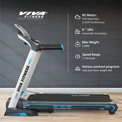Viva Fitness T-440 Motorized Treadmill | 5 HP Peak DC Motor Folding Treadmill with Auto Incline, MP3, USB & LCD Display