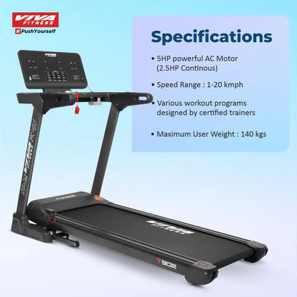 Viva Fitness T-902 AC Motorized Treadmill with 18% Auto Incline, Bluetooth & Kinomap | Premium Home Gym Treadmill