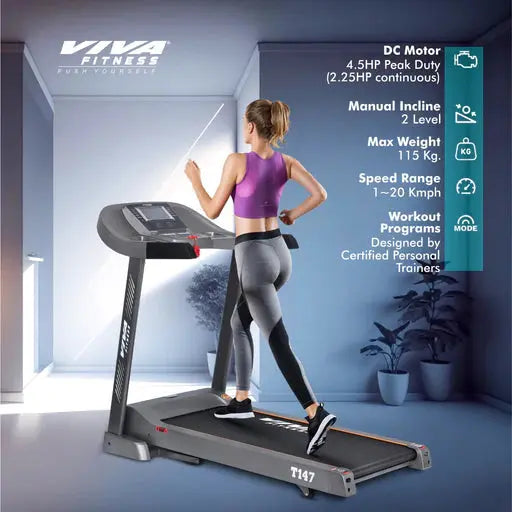 Viva Fitness T-147 DC Motorized Treadmill for Home Gym | 4.5 HP Running Machine Axora Fitness
