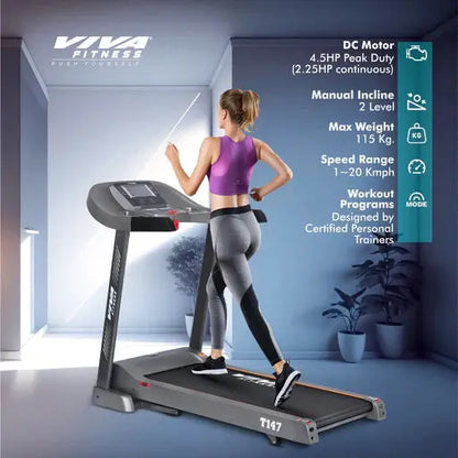 Viva Fitness T-147 DC Motorized Treadmill for Home Gym | 4.5 HP Running Machine Axora Fitness
